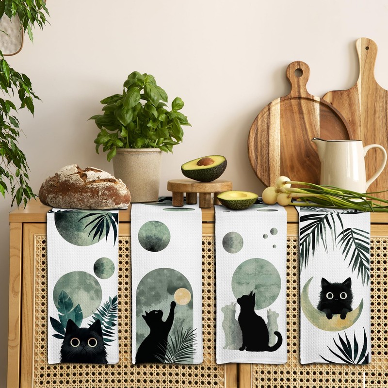 Zeuiwr Boho Black Cat Kitchen Towels Set of 4, Sage