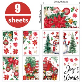 AnyDesign 9 Sheet Christmas Window Clings Red Gnome Truck Snowman Tree Window Stickers Joy to The World Double-Side Decals for Xmas Party Home School Office Decor, 7.8 x 11.8 Inch