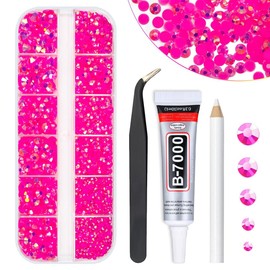 qiipii Hot Pink AB Resin Rhinestones w B7000 Jewelry Glue for Bedazzling Crafting 2mm 3mm 4mm 5mm 6mm Rose Pink Flatback Jelly Stones SS10 SS16 SS20 SS30 Diamonds Gems for Nails Makeup Tumblers Crafts