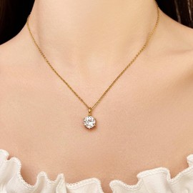 POYAMUSE Classical CZ Pendant Necklace for Women, Simple Stainless Steel 18K Gold Plated Necklace for Women - Gold