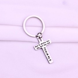 God Is Within Her She Will Not Fall Cross Keychain PSALM 46:5 Religious gift Christian Jewelry (46:5 Cross Keychain)
