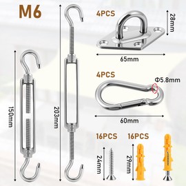 vsshe Awning Attachment Set Accessories, M6 Mounting Awning Accessory Load Capacity of 100 kg, 304 Stainless Steel Awning Mounting Set Tensioner Assembly for Square and Triangle Garden