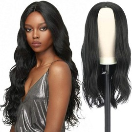 Synthetic Wavy Long Black Wigs for Women 26 Inch Middle Part Heat Resistant Fiber Hair Curly Wig Natural Looking for Party Daily Use
