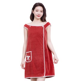 FAOLONE Women's Shower Wrap Robe Terry Cloth Spa Bath Towel Wrap, Coral Velvet Bath Skirt Wrap Around Towel (RED)