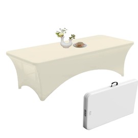 Urby Elastic Table Clothes for 8 Foot Rectangle Tables Fits 8ft Folding Tables from Lifetime, COSCO, Mainstays and Others. Heavy-Duty Stretchy Wrinkle Resistant Spandex. Ivory.
