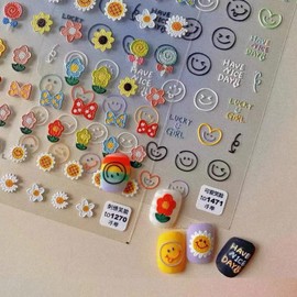 New Sunflower Nail Art Stickers Decals Candy Color Cartoon Sun Flower Colorful Flower Embroidery Self-Adhesive Nail Stickers Cute Nail Stickers Nail Art Decoration (3 Pieces)