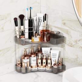 Asayuee 2-Tier Corner Bathroom Counter Organizer with Top Toothbrush Holders,Large Makeup Organizer Countertop with Brush Holder,Skincare Organizers Corner,Exquisite Vanity Organizer (Gray, 2 Tier)