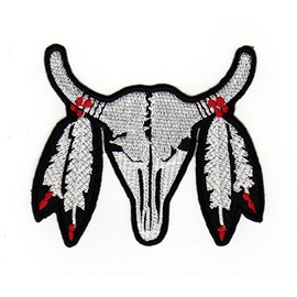 Buffalo Skull Longhorn Indian Feather Patch for Iron-On or Sew On Clothes Embroidered Iron-On Patch Applique Patch Size 9 x 8 cm