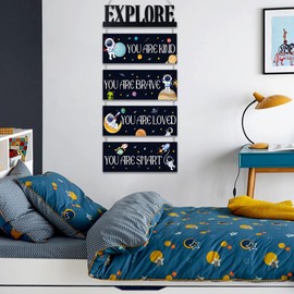 decalmile 5 Pieces Outer Space Wooden Hanging Signs Planets Astronaut Wood Wall Decor Baby Nursery Kids Bedroom Daycare Wall Art Decor