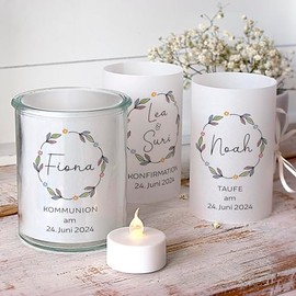 Set 6 x personalisierbare Lichth√ºlle f√ºr Tischlicht Bl√ºtenkranz Pastellfarben Kommunion Konfirmation Taufe Firmung Jugendweihe Geburtstag jeder Anlass