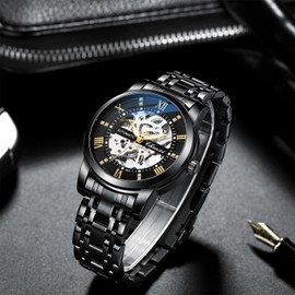 Verhux Men's Automatic Skeleton Watches Self Winding Mechanical Black Two Tone Stainess Steel Waterproof Wrist Watches