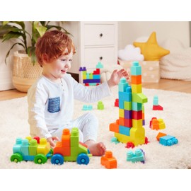 Battat – Large Building Blocks – 80 Colorful Pieces – 8 Wheel Bricks – Zippered Storage Bag – 12 Months + – Bag o' Blocks