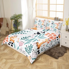 Erosebridal Kawaii Giraffe Bedding Set,Cartoon Giraffe Duvet Cover Twin,Cute Love Heart Leaf Flower Comforter Cover for Kids Girls Boys,Paw Print Animals Bed Set with 1 Pillow Case