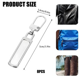 Detachable Zipper Pull Tabs, 8PCS Metal Zipper Pull Replacement for Small Holes for Luggage, Clothing, Jackets, Backpacks, Boots, Purse, Coat (Silver)