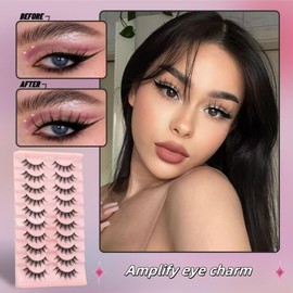 JOOYUNA Manga Lash False Lashes Strip Mink Eyelashes 10 Pairs Wispy Natural Natural Fluffy Fake Eyelashes 7-14mm