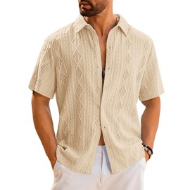 LecGee Men's Crochet Shirt Sheer Dress Shirt Summer Beach Flowy Shirt Casual Loungewear Hollow Jaquard Mesh top(Beige,M)