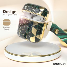EAZY CASE - Protective Case for AirPods 1 & 2 Case Green Hard Case Shockproof with Carabiner Suitable as Keychain Anti-scratch Case Non-Slip Hard Case for Airpod 2nd / 1st Generation Gold Green Marble