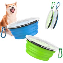 Pawaboo Collapsible Dog Bowls 2 Pack, Silicone Feeding Watering Bowls with Lids & Carabiners for Dogs Cats, Portable Collapsable Water Feeder Food Bowl for Walking Traveling Home Use