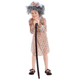 Seasons Old Lady Costume for Kids, 100 Days of School Costume, Granny Dress Wig Cane Accessories for Girls Cosplay (L)