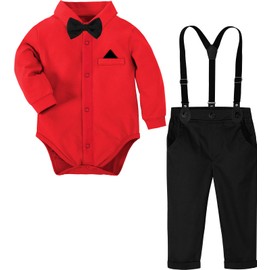 A&J DESIGN Baby Boy Suits Ring Bearer Christmas Infant Valentines Gentleman Wedding Formal Dress Outfit Red and Black 9-12 Months