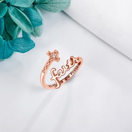 Faith Ring 925 Sterling Silver Cross Faith Ring Adjustable Christian Spoon Rings Religion Jewelry For Women Daughter Friend-Rose Gold