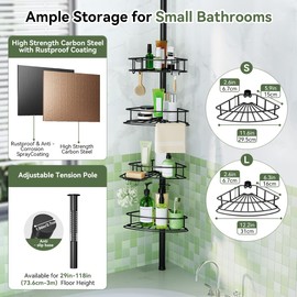 Binecer Corner Shower Caddy Tension Pole-4 Tier Adjustable Bathroom Shower Organizer with Soap Holder, Rustproof Shower Shelves Shower Rack for Inside Shower, Bathtub Shampoo Storage 29-118", Black