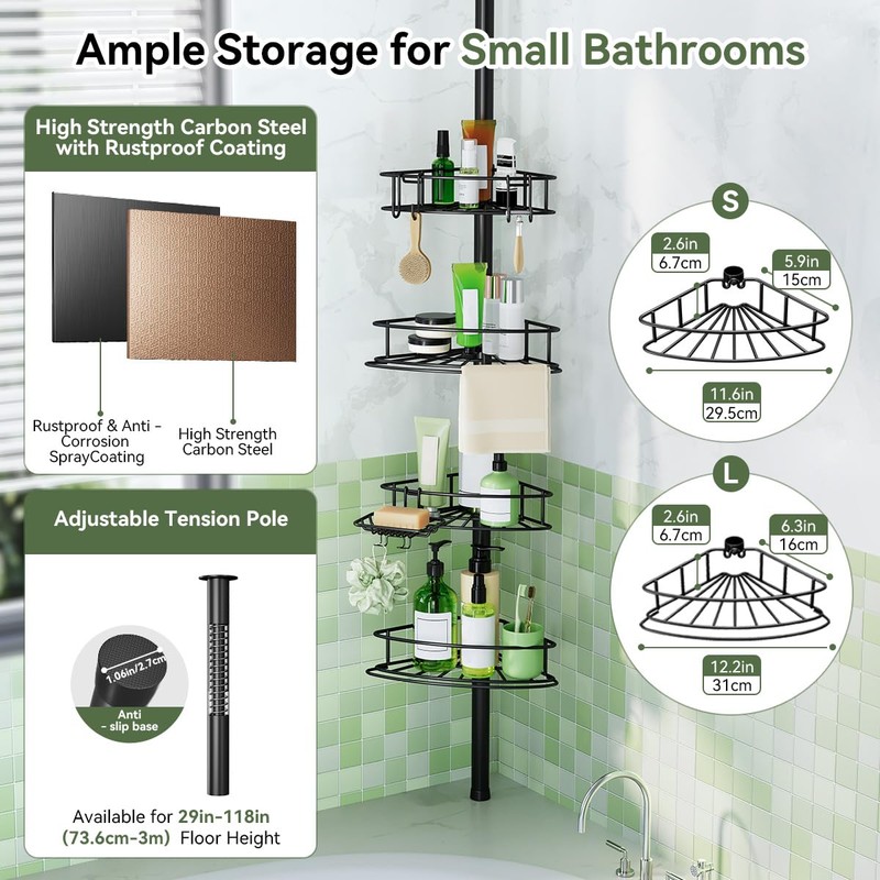 Binecer Corner Shower Caddy Tension Pole-4 Tier Adjustable Bathroom Shower