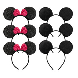 CHuangQi Mouse Ears Solid Black and Bow Minnie Headband for Boys & Girls Birthday Party or Celebrations (Pack of 6)