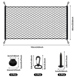 110 x 60 cm Luggage Net Car, Boot Net for Separating Dogs, Boot Net, Load Securing Black Nylon, Luggage Net Motorhome with Hooks, Nails, Carabiner, for Sedans, SUVs, Trucks