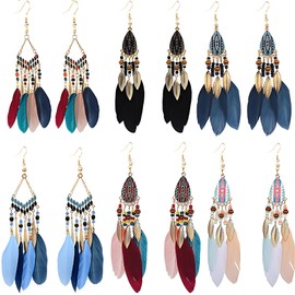 MALOYANVE Feather Earrings Multi piece Set For Women Dream Catcher Bohemian Fringe Tassel Long Drop Dangle Earrings Set With Fashion Accessories For Wedding Party Jewelry Gifts (Feather)