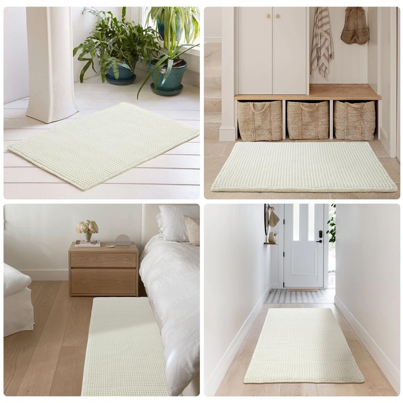 TYUU Cream White Bathroom Rugs, Waffle Bath Mat Non Slip