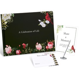 BADAWEN Funeral Guest Book, Celebration of Life Guest Book for Hardcover Green Cardinal Memorial Service Registry Decorations, Silver Pen and Memory Table Card Sign Included, Set of 5