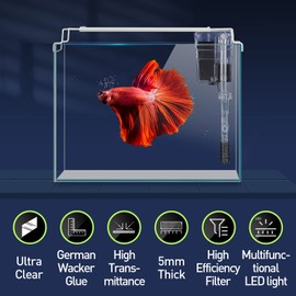 LAQUAL Rimless Glass Aquarium Starter Kit (3 Gal), Ultra Clear Low Iron Glass Fish Tank Set, Small Beta Fish Tank & Filter with Surface Skimmer & 3-Mode LED Light