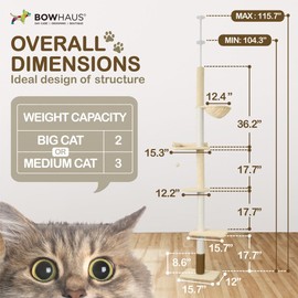 CAPHAUS Floor to Ceiling Cat Tree with Adjustable Height 104-115 Inch, Multi-Level Cat Tower with Itching Scratcher, Fluffy Playball, Platforms, Hammock for Indoor Cats, Beige