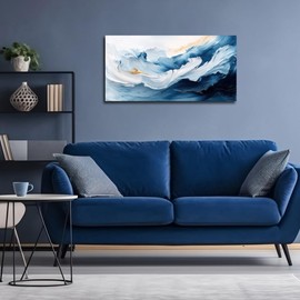 RUIFENGL Blue White Gold Abstract Canvas Prints Wall Art for Living Room Office Decor Blue and White Gold Artwork Paintings Pictures for Bedroom Bathroom Home Office Wall Decoration 20"x40"