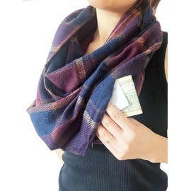 stylesilove Winter Plaid Infinity Scarf with Hidden Zipper Pocket Fashion Travel Scarf for Women and Men (Wine + Navy)