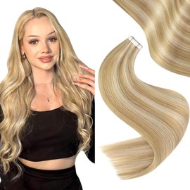 Easyouth Tape in Hair Extensions Real Human Hair Blonde Seamless Tape in Extensions Blonde Highlight Glue in Hair Extensions Warm Blonde 16 inch 50g 20Pcs