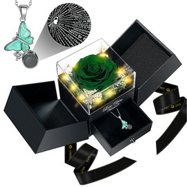 DRTINA Preserved Green Real Rose with I Love You Butterfly Necklace-Eternal Flowers Rose Birthday Gifts for Women Wife Mom Girlfriend Grandma on Mothers Day Valentines Anniversary Christmas Romantic