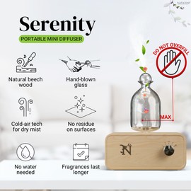 Serenity Glass Diffuser for Essential Oils with White Tea Fragrance Sample - Wood & Glass Oil Diffuser with Cold-Air Technology, Waterless & Cordless, Automatic Shut Off, Ideal for Bedroom & Office