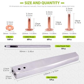 Keadic 18 Sets Copper Rivets and Burrs with Rivet Fastener Install Setting Tool and Hole Punch Cutter for Leather Products: Belts, Handbags, Ropes, Bags, Leather DIY Craft Supplies （Size 9 and 12)