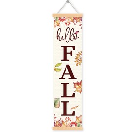 Hello Fall Hanging Flag, Front Door Porch Decor, Large Fall Canvas Banners, Autumn Decoration for Home Party Garden Yard, Farmhouse Wall Hanging Banner 7.8×31.5 inches Fall 04