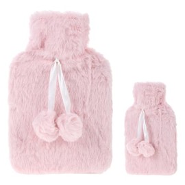 Grevosea 500ml Hot Water Bottle, Small Hot Water Bottle with Cover, Warm Water Bag with Luxury Cosy Faux Fur Cover 2-in-1 Water Bag for Cold & Hot Compress Mini Hot-Water Bag for Women Seniors (Pink)