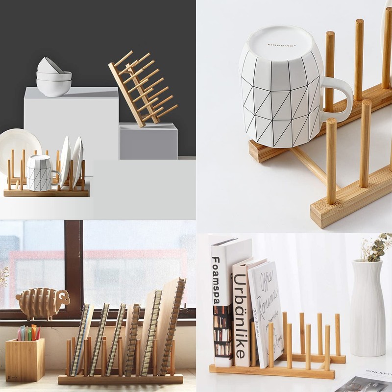 INNERNEED Bamboo Wooden Dish Rack, Vertical Plate & Lid Organizer