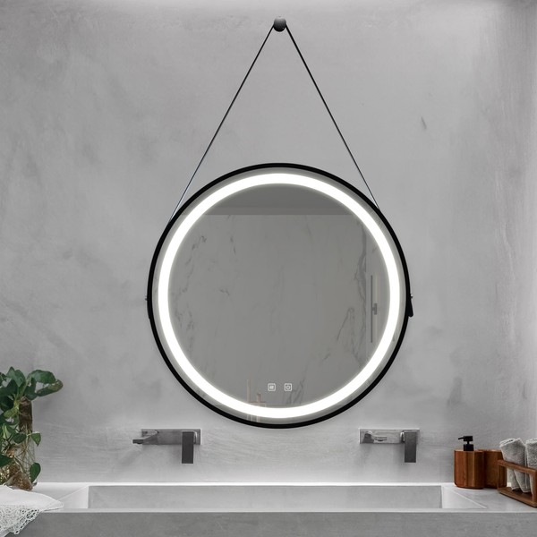 espidoo 24inch Round LED Vanity Mirror: Black Aluminum Frame with
