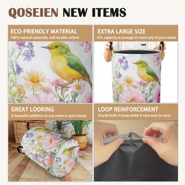 Laundry Basket,Watercolor Flowers Collapsible Laundry Baskets,Green Bird Waterproof Oxford Hamper with Handles for Bathroom Bedroom Nursery Home Storage 16"x20"