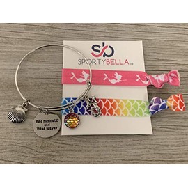 Sportybella Mermaid Gift Set, Mermaid Charm Bangle Bracelet and Hair Ties, Pink Mermaid Jewelry- Gift For Her