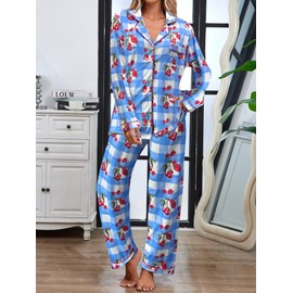 Famulily Womens 2Pc Pyjamas Set Classic Check Pattern Leisure Suits Button Down Sleepwear Blue XXL