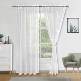 DWCN White Sheer Curtains with Tiebacks Semi Transparent Voile Rod Pocket Curtains Elegant Window Curtains for Bedroom and Living Room,2 Panels,52" W x 96" Drop