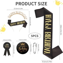 GegXcn 5 PCS Birthday Girl Set, Birthday Badge and Birthday Sash for Women, With Accessories, Formal Party Decorations for Adults and Kids, Includes Gold Crown, Black Sash, Badge and Pin