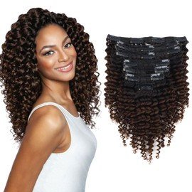 Yuniffe Kinky Curly Clip in Hair Extensions Real Human Hair 3C 4A Kinky Curly Clip ins for Black Women Double Weft Ombre Brown Hair Extensions 7Pcs 120g 12 Inch 1BT4